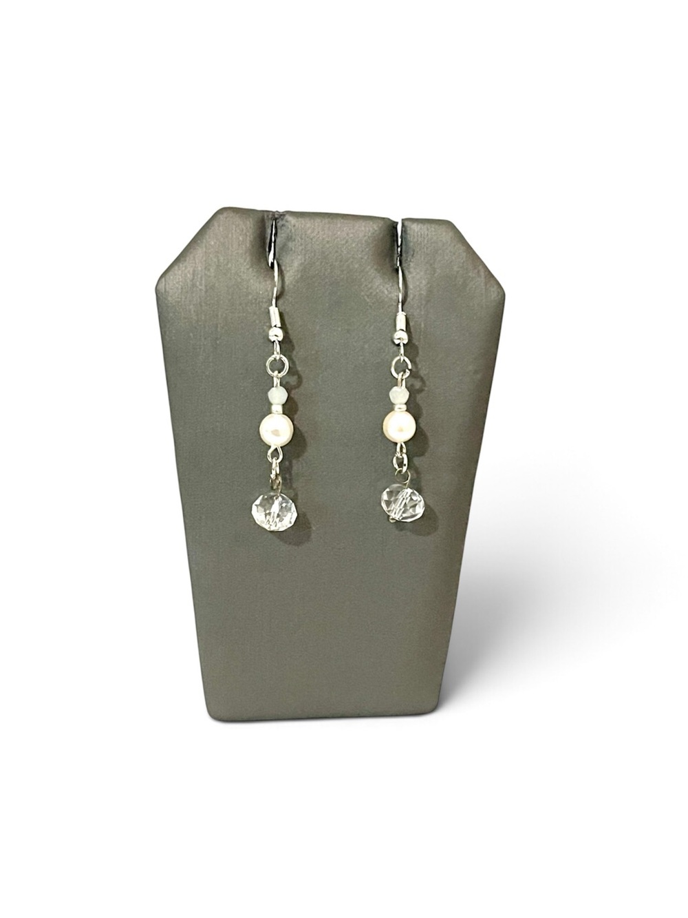 Silver Tone Aquamarine Pearl Dangle Earrings Handmade Crystal Drop Gemstone